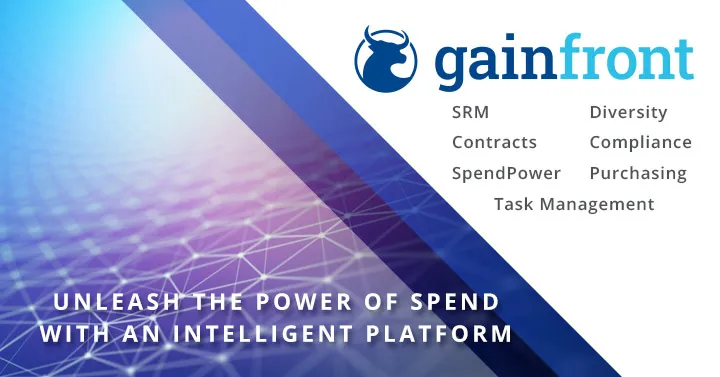 Gainfront brand graphic listing its SRM, Contracts and Purchasing modules, representing the supplier record AgentFlow keeps in sync across the tools you already run
