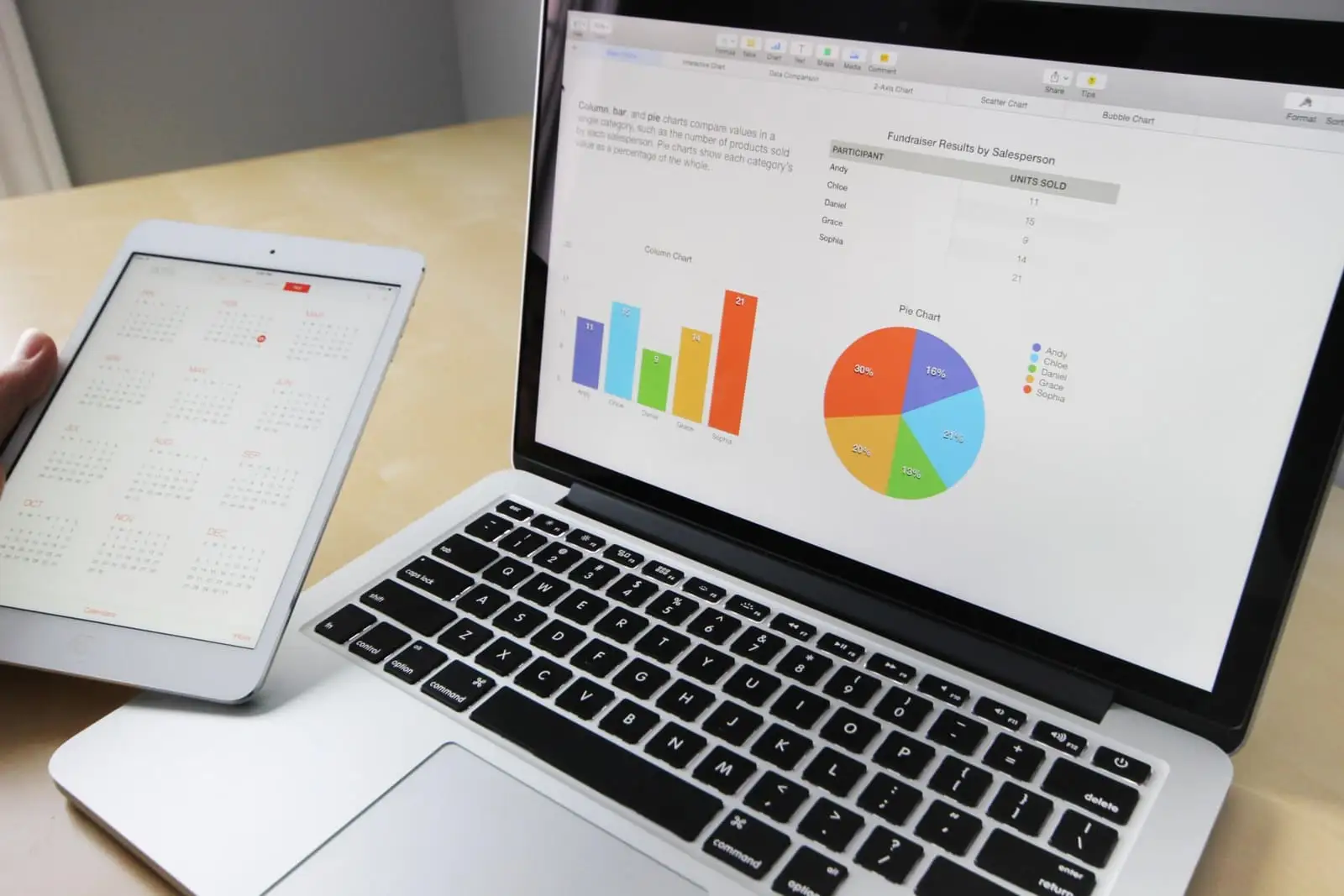Laptop screen showing cost and volume-discount bar and pie charts